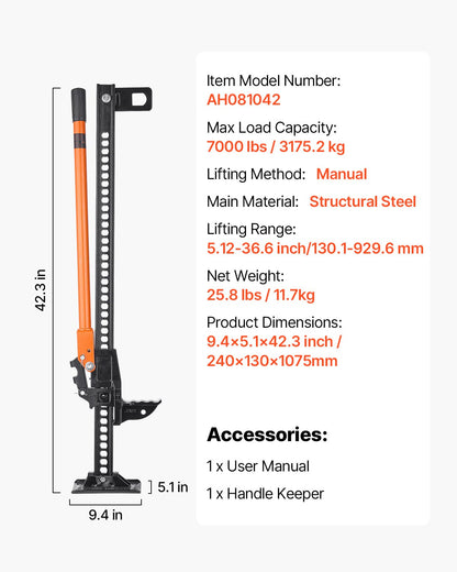 Jordbruksdomkraft, 107,5 cm höglyftande lantbruksdomkraft, 3,18 tons kapacitet, spärrfunktion, terrängdomkrafter, kraftiga domkrafter med 130,1–929,6 mm lyftområde för traktor, lastbil, SUV