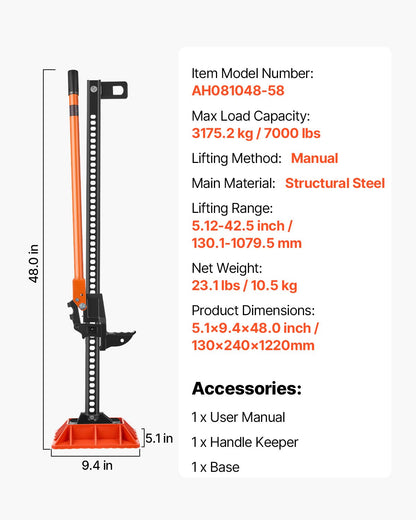 Farm Jack with Base, 122cm Utility High Lift Farm Jack, 3.18 Ton Capacity Ratcheting Off Road Utility Jacks, Heavy-Duty Lift Jacks with 130.1-1079.5 mm Lifting Range for Tractor, Truck, SUV