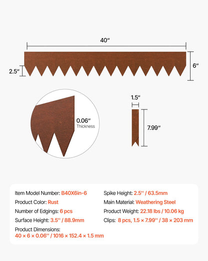 Stålkantlist, 6-pack 40 x 6 tum väderbeständig och rostfri metallkantlist, böjbar trädgårdskant, kraftig gräsmatta, rabattgångavdelare