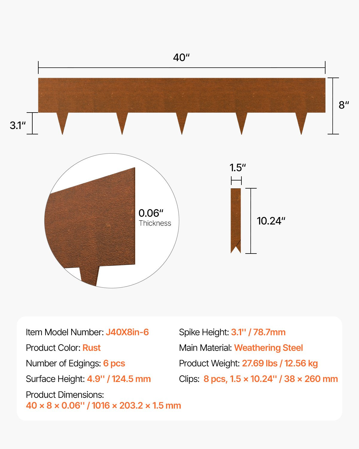 Steel Landscape Edging, 6 Packs 40 x 8 in Weather-Resistant & Pre-Rust Metal Landscape Edging, Bendable Garden Edging Border, Shark Spike, Lawn Edging for Flower Bed Yard Pathway Divider
