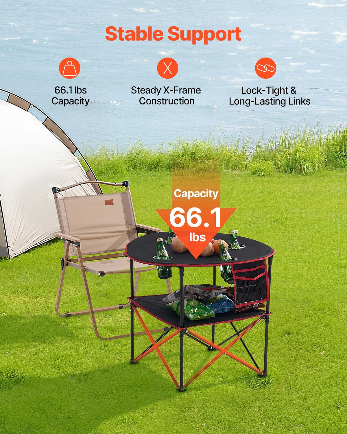 Hopfällbart campingbord, bärbart och lätt picknickbord för utomhusbruk, vattentätt kanvasbord i 600D Oxford-tyg, med 4 mugghållare, bärväska, för tailgating-campingpicknick, svart