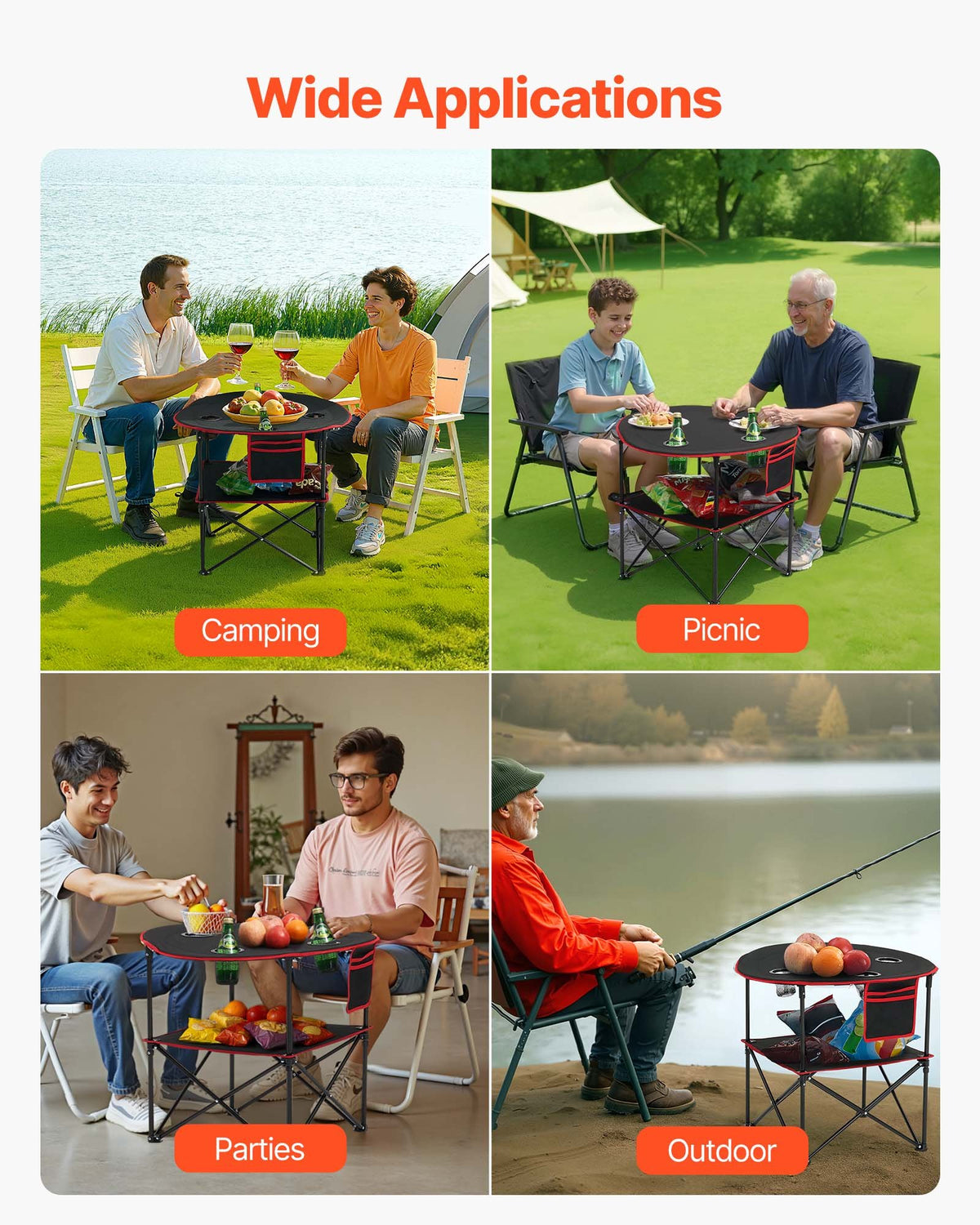Hopfällbart campingbord, bärbart och lätt picknickbord för utomhusbruk, vattentätt kanvasbord i 600D Oxford-tyg, med 4 mugghållare, bärväska, för tailgating-campingpicknick, svart