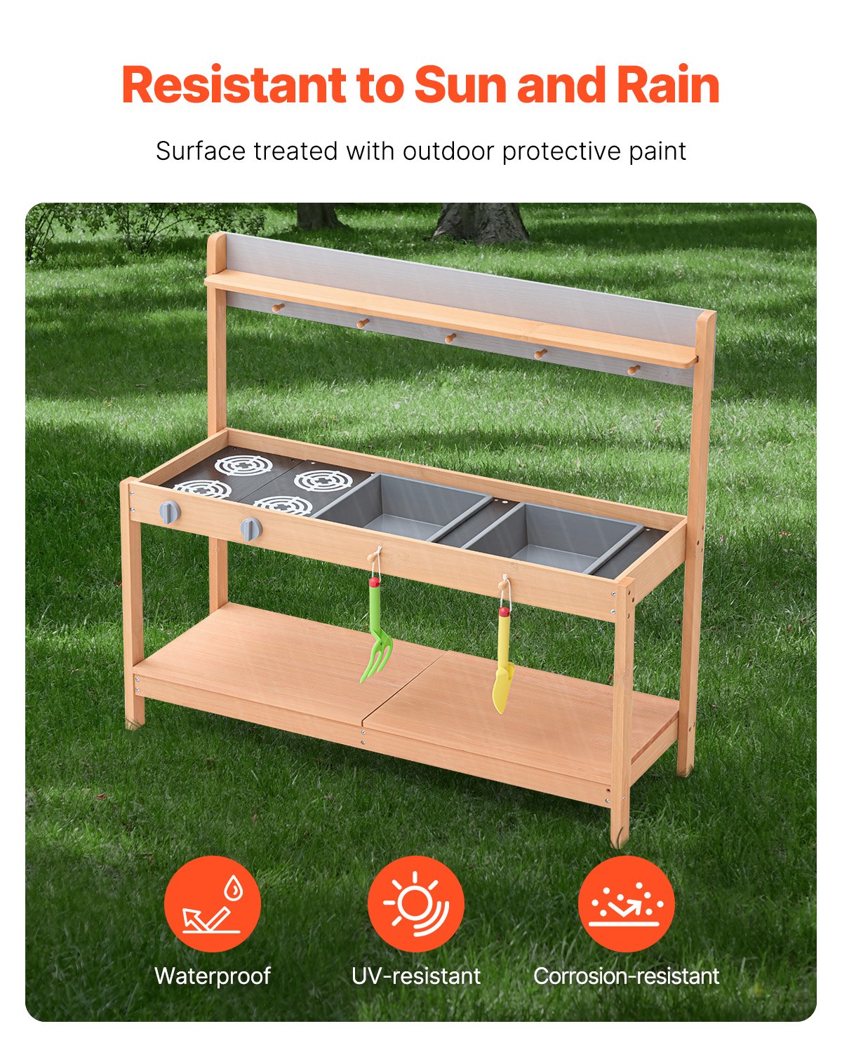 Lerkök för barn, träleksaksset med tillbehör, utomhuslekset för mataffär, låtsaslek utomhuskök för pojkar och flickor, lekkök med spis och diskho för småbarn