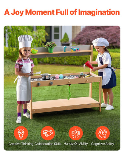 Mud Kitchen for Kids, Wooden Toy Play Kitchen Set with Accessories, Outdoor Grocery Store Playset, Pretend Play Outdoor Kitchen for Boys and Girls, Toddler Play Kitchen with Stoves and Sink