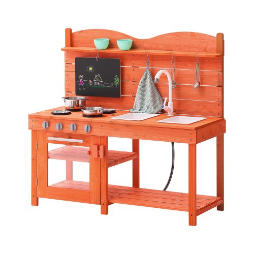 Mud Kitchen for Kids, Wooden Toy Play Kitchen Set, Outdoor Toddler Grocery Store Playset for Boys & Girls, Pretend Play Kitchen with Stoves, Sink, Faucet, Blackboard, Cookware Pots, Accessories