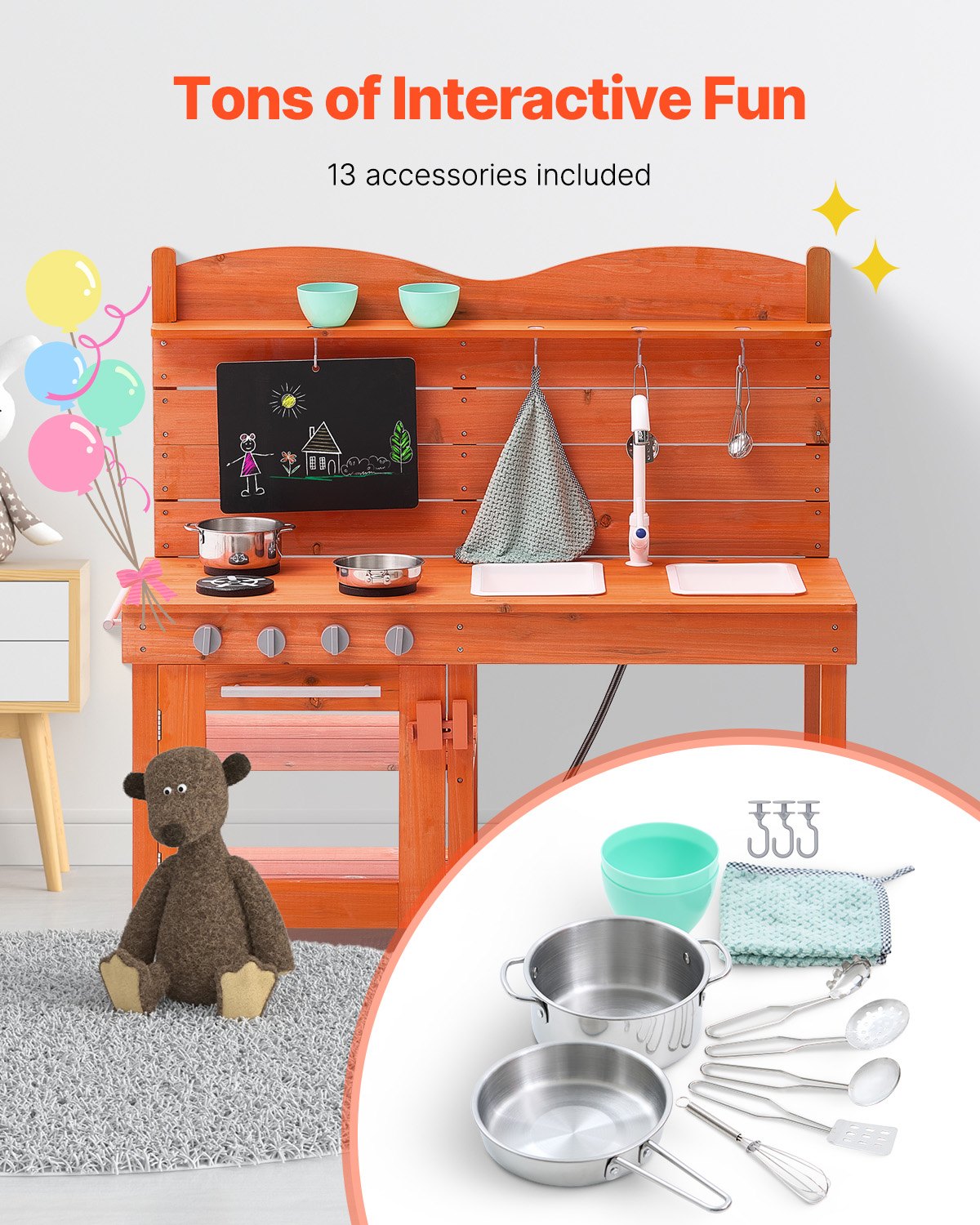 Mud Kitchen for Kids, Wooden Toy Play Kitchen Set, Outdoor Toddler Grocery Store Playset for Boys & Girls, Pretend Play Kitchen with Stoves, Sink, Faucet, Blackboard, Cookware Pots, Accessories