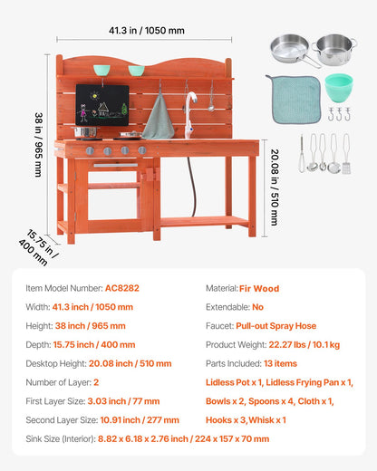 Mud Kitchen for Kids, Wooden Toy Play Kitchen Set, Outdoor Toddler Grocery Store Playset for Boys & Girls, Pretend Play Kitchen with Stoves, Sink, Faucet, Blackboard, Cookware Pots, Accessories