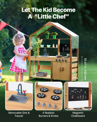 Mud Kitchen for Kids, Wooden Toy Play Kitchen Set with Accessories, Outdoor Toddler Grocery Store Playset, Pretend Play Kitchen with Stoves, Planter Boxes, Sink, Faucet, Blackboard, Cookware Pot