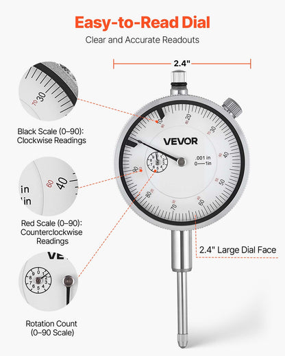 Dial Test Indicator with Magnetic Flexible Base Stand, 0.03 mm Accuracy, 0-25.4mm Range, Fine Adjustable Long Arm, Professional for Machine Set-Up, Narrow Area Measurement, Easy to Read