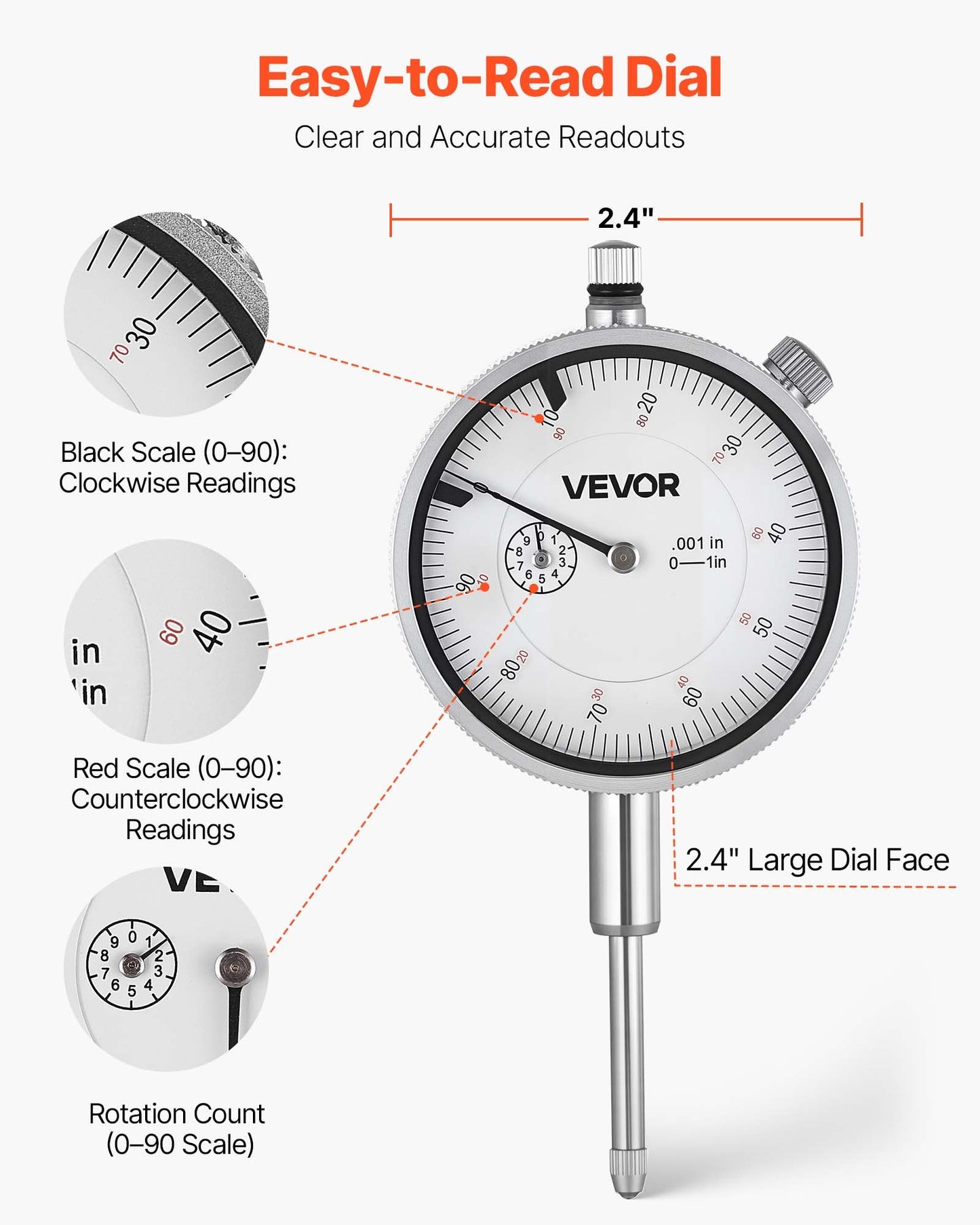 Dial Test Indicator, 0.03 mm Accuracy, 0-25.4mm Measuring Range, Easy to Read Large Dial, Professional for Internal Diameter Measurement, Runout Detection, Flatness Inspection