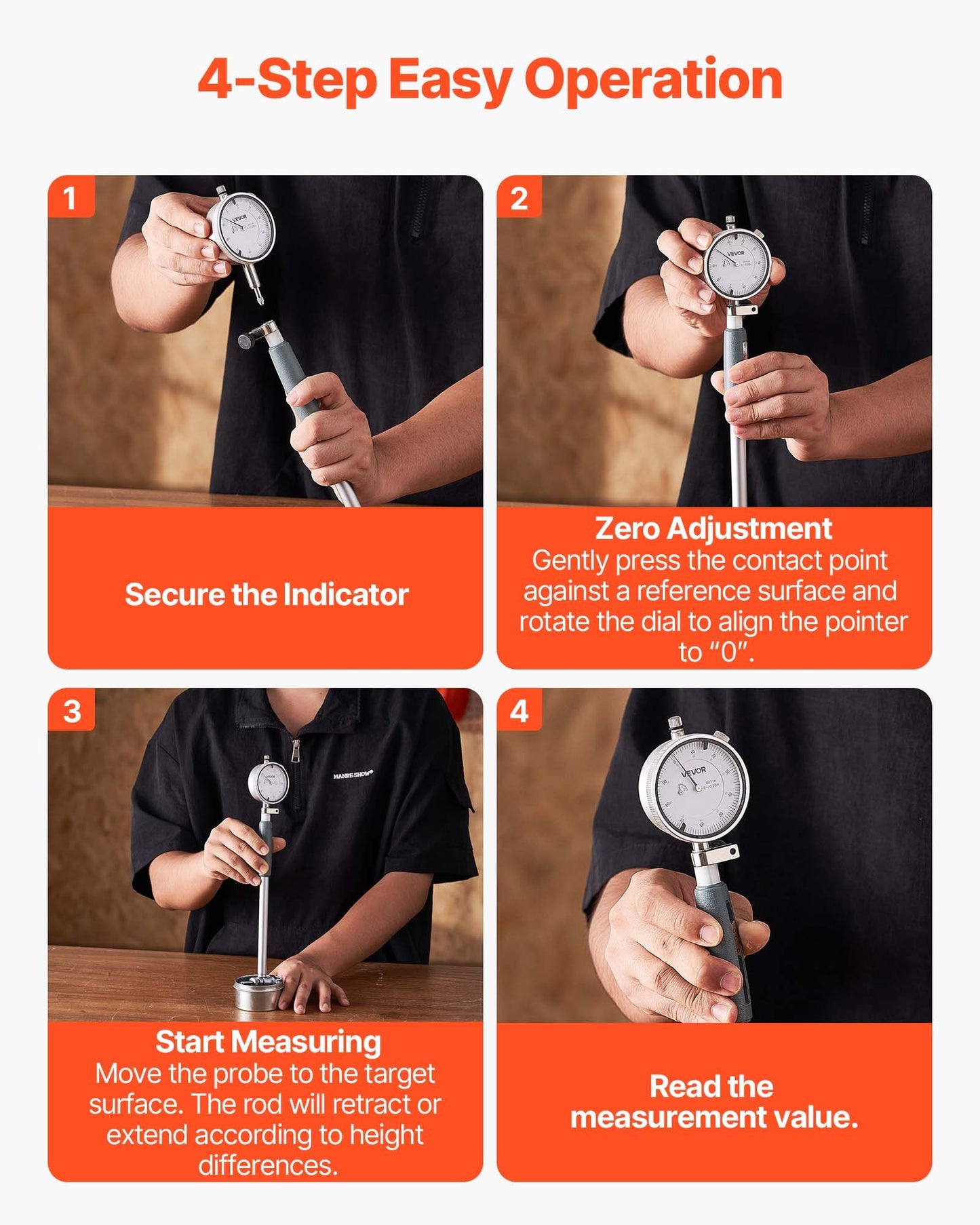 Mätklocka och hålmätare, mätklocka 0,03 mm noggrannhet, hålområde 50,8–152,4 mm med stång, förvaringsväska, städ för industriella bearbetningsmätningar