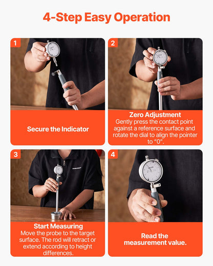 Mätklocka och hålmätare, mätklocka 0,03 mm noggrannhet, hålområde 50,8–152,4 mm med stång, förvaringsväska, städ för industriella bearbetningsmätningar