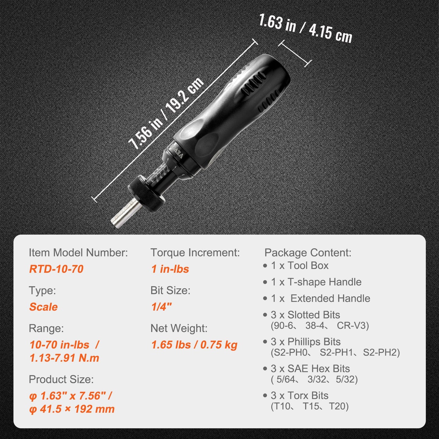 Adjustable Torque Screwdriver 1/4" Range 1.1-7.9 N·m w/ 0.1 N·m Increment