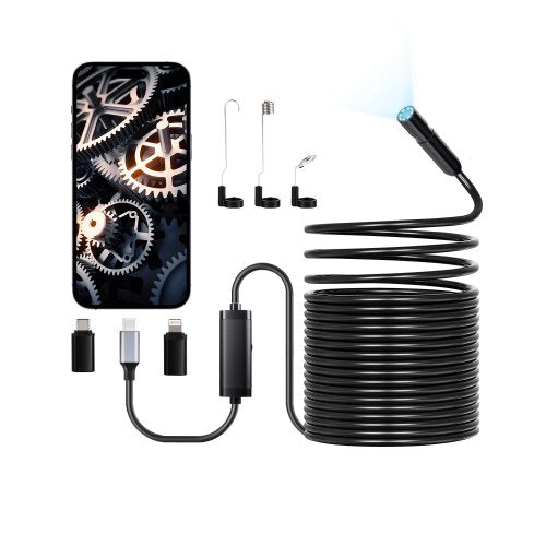 Endoscope Camera with 15m Semi-Rigid Cable, 1920P HD Borescope for Android & IOS, Industrial Inspection Camera with Light - 8 LED, 2X Zoom, IP67 Waterproof Snake Camera for Auto, Plumbing
