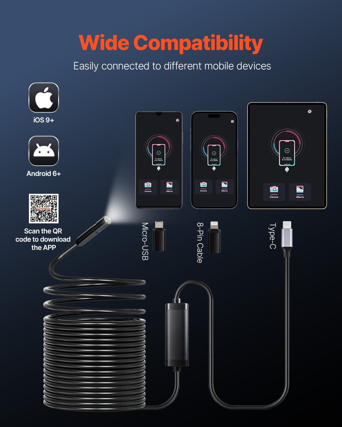 Endoscope Camera with 15m Semi-Rigid Cable, 1920P HD Borescope for Android & IOS, Industrial Inspection Camera with Light - 8 LED, 2X Zoom, IP67 Waterproof Snake Camera for Auto, Plumbing