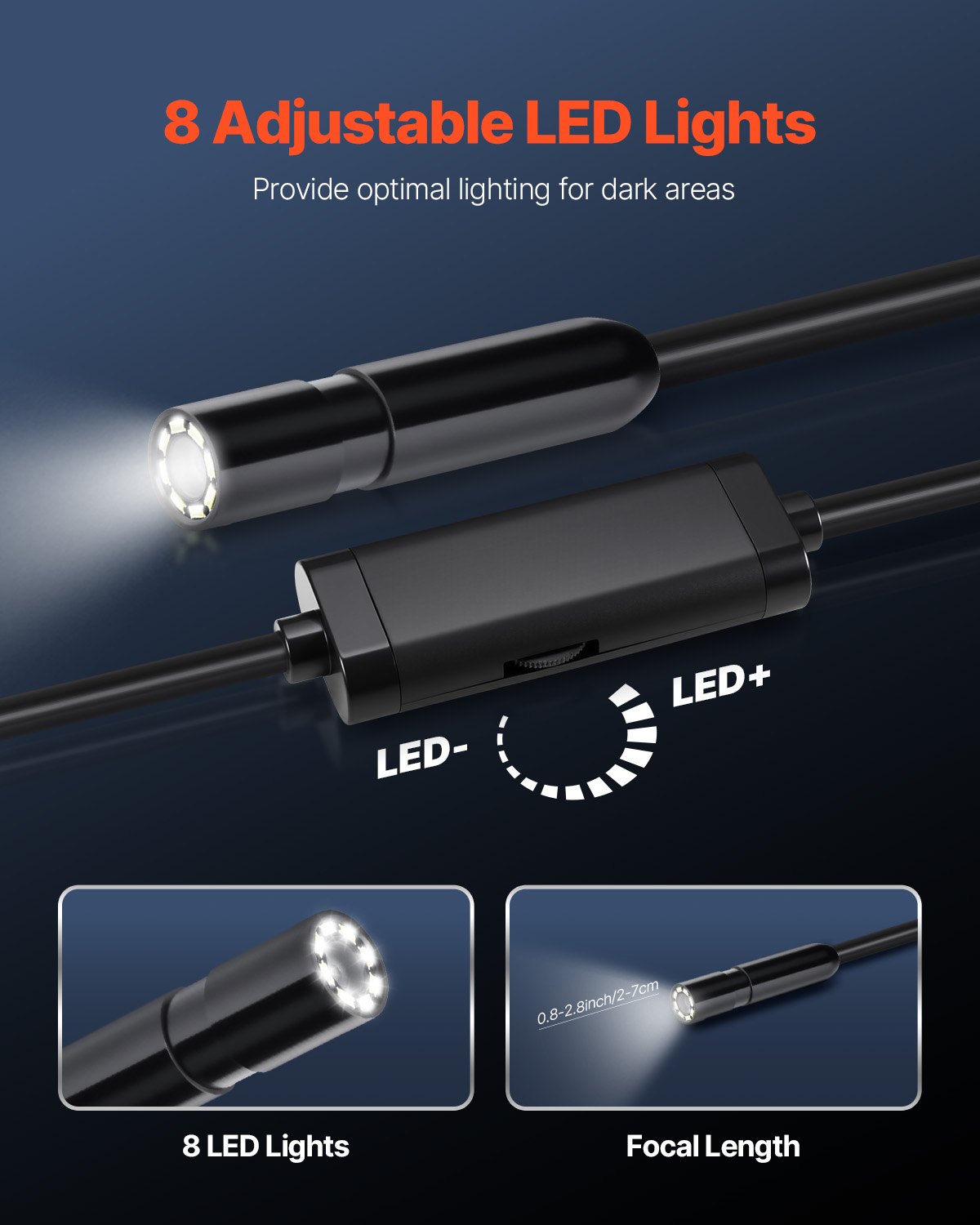 Endoscope Camera with 15m Semi-Rigid Cable, 1920P HD Borescope for Android & IOS, Industrial Inspection Camera with Light - 8 LED, 2X Zoom, IP67 Waterproof Snake Camera for Auto, Plumbing