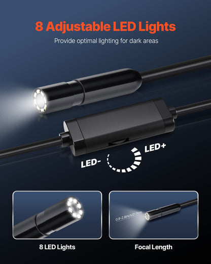 Endoscope Camera with 15m Semi-Rigid Cable, 1920P HD Borescope for Android & IOS, Industrial Inspection Camera with Light - 8 LED, 2X Zoom, IP67 Waterproof Snake Camera for Auto, Plumbing