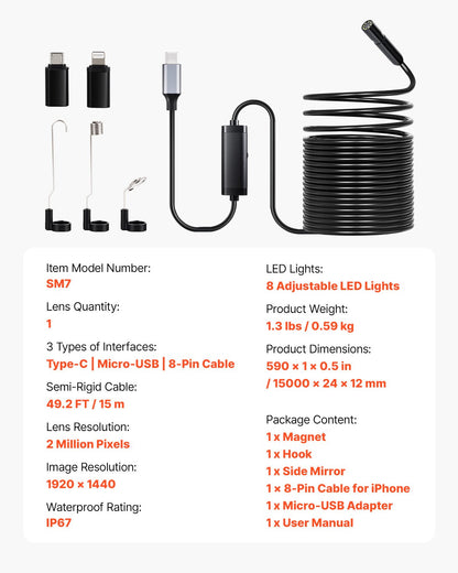 Endoscope Camera with 15m Semi-Rigid Cable, 1920P HD Borescope for Android & IOS, Industrial Inspection Camera with Light - 8 LED, 2X Zoom, IP67 Waterproof Snake Camera for Auto, Plumbing