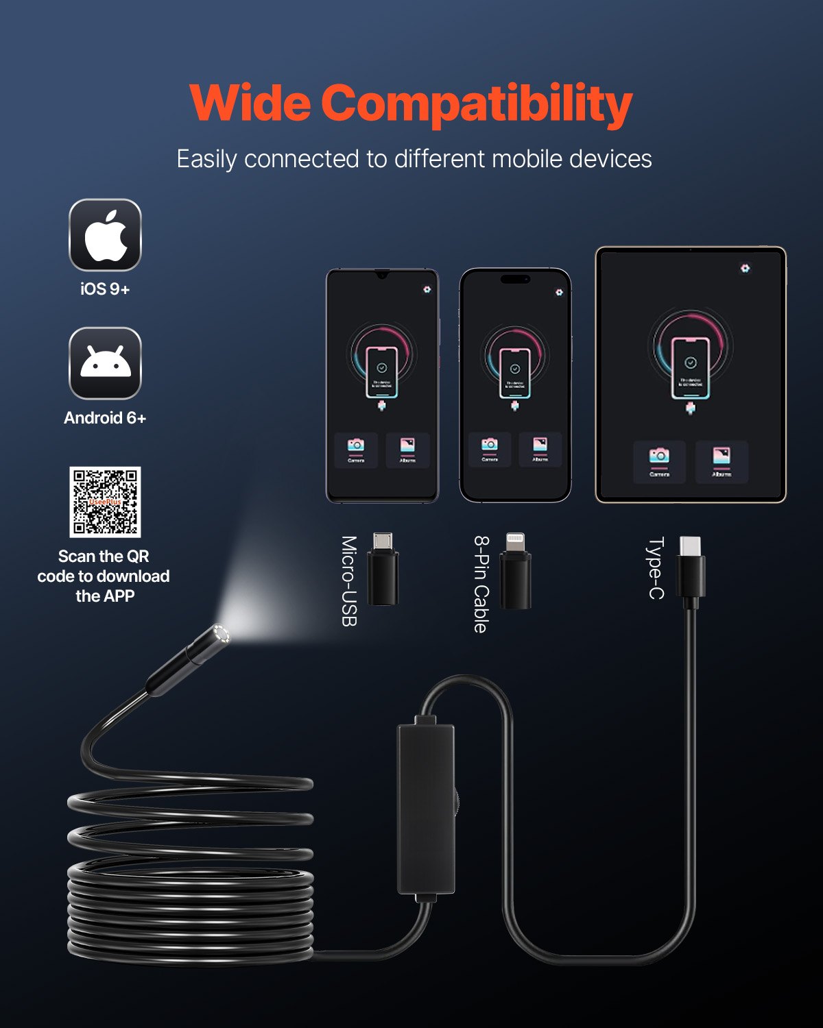 Endoskopkamera med ljus, 1920P HD-boroskop för Android och iOS, inspektionskamera med 8 LED-lampor och 5 m halvstyv kabel, 2X zoom, IP67 vattentät ormskopkamera för bil, VVS