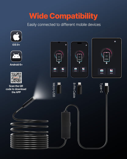 Endoscope Camera with Light, 1920P HD Borescope for Android & IOS, 8 LED Lights Inspection Camera with 5m Semi-Rigid Cable, 2X Zoom, IP67 Waterproof Snake Scope Camera for Auto, Plumbing