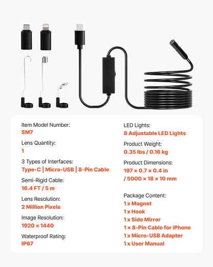 Endoskopkamera med ljus, 1920P HD-boroskop för Android och iOS, inspektionskamera med 8 LED-lampor och 5 m halvstyv kabel, 2X zoom, IP67 vattentät ormskopkamera för bil, VVS