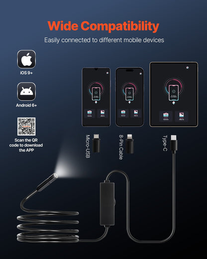 Endoscope Camera with Light, 1920P HD Borescope for Android & IOS, 8 LED Lights Inspection Camera with 3m Semi-Rigid Cable, 2X Zoom, IP67 Waterproof Snake Scope Cameras for Auto, Plumbing