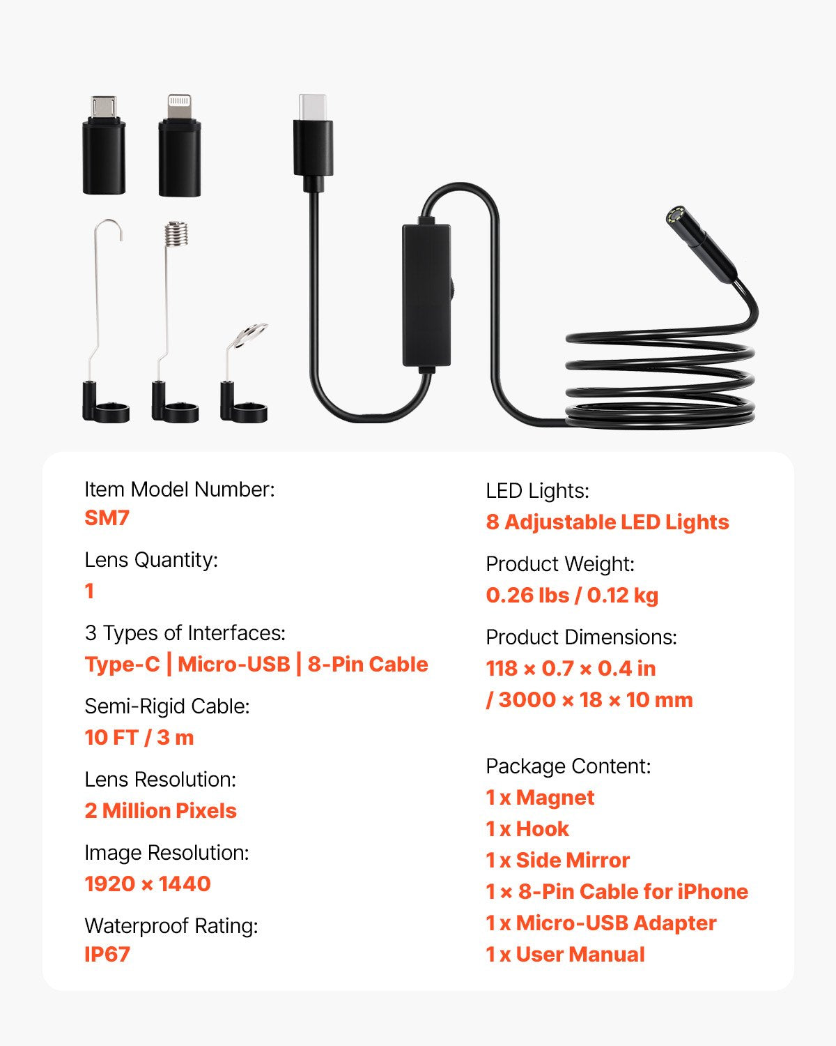 Endoscope Camera with Light, 1920P HD Borescope for Android & IOS, 8 LED Lights Inspection Camera with 3m Semi-Rigid Cable, 2X Zoom, IP67 Waterproof Snake Scope Cameras for Auto, Plumbing