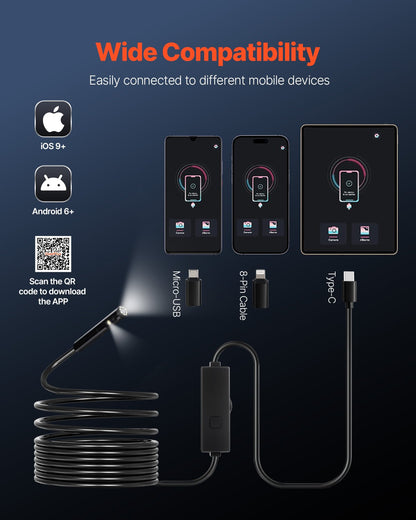 Endoscope Camera with Light, Dual Lens Borescope for Android & IOS, 1920P HD Inspection Camera with 8 + 1 LED Light, 2X Zoom, 5m Snake Cable, IP67 Waterproof Snake Camera for Auto, Plumbing