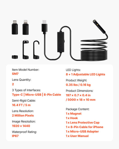 Endoscope Camera with Light, Dual Lens Borescope for Android & IOS, 1920P HD Inspection Camera with 8 + 1 LED Light, 2X Zoom, 5m Snake Cable, IP67 Waterproof Snake Camera for Auto, Plumbing