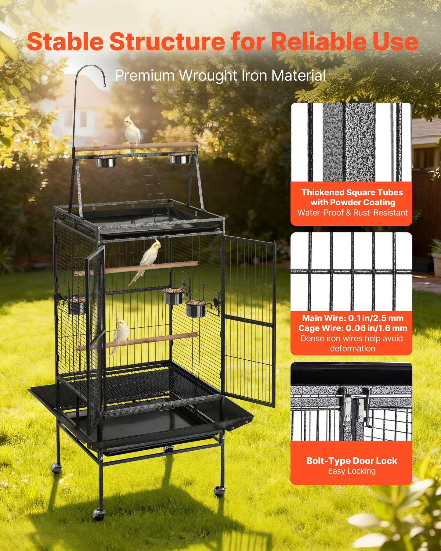 Bird Cage, 830 x 790 x 2100 mm, Open Flat Top, Wrought Iron Bird Flight Cage with Perches, Slide-Out Tray, Plastic Feeders, for Cockatiel, Monk Parakeet, Amazon Parrot, African Grey Parrot