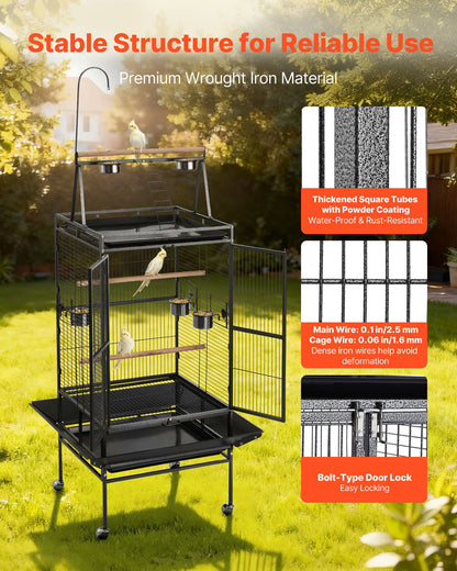 Bird Cage, 830 x 790 x 2100 mm, Open Flat Top, Wrought Iron Bird Flight Cage with Perches, Slide-Out Tray, Plastic Feeders, for Cockatiel, Monk Parakeet, Amazon Parrot, African Grey Parrot