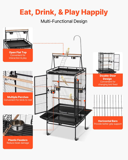 Bird Cage, 830 x 790 x 2100 mm, Open Flat Top, Wrought Iron Bird Flight Cage with Perches, Slide-Out Tray, Plastic Feeders, for Cockatiel, Monk Parakeet, Amazon Parrot, African Grey Parrot
