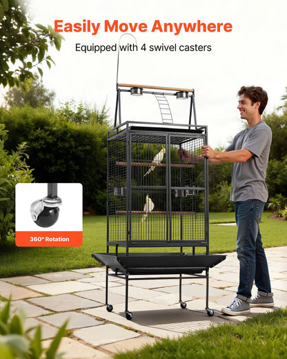 Bird Cage, 830 x 790 x 2100 mm, Open Flat Top, Wrought Iron Bird Flight Cage with Perches, Slide-Out Tray, Plastic Feeders, for Cockatiel, Monk Parakeet, Amazon Parrot, African Grey Parrot