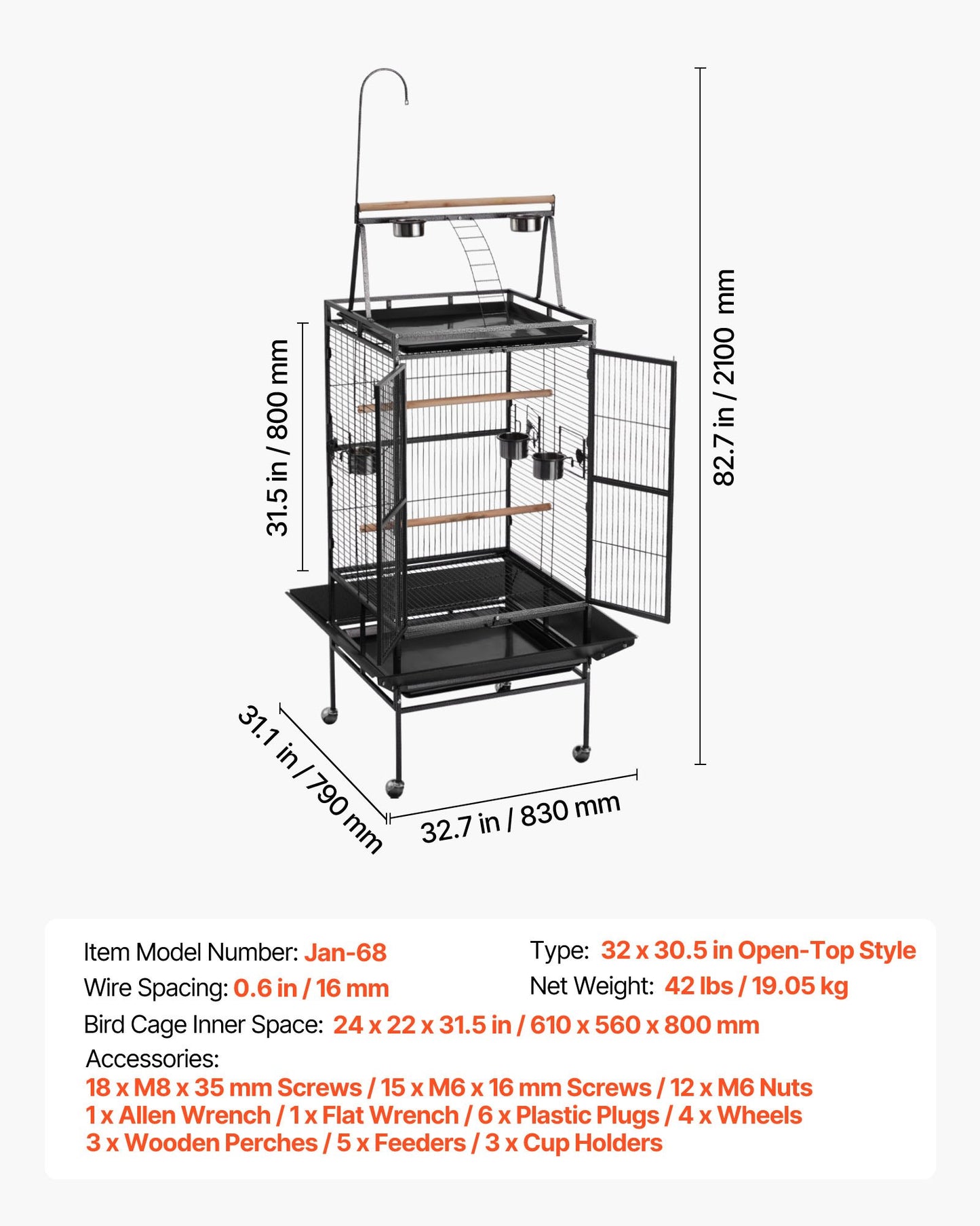 Bird Cage, 830 x 790 x 2100 mm, Open Flat Top, Wrought Iron Bird Flight Cage with Perches, Slide-Out Tray, Plastic Feeders, for Cockatiel, Monk Parakeet, Amazon Parrot, African Grey Parrot