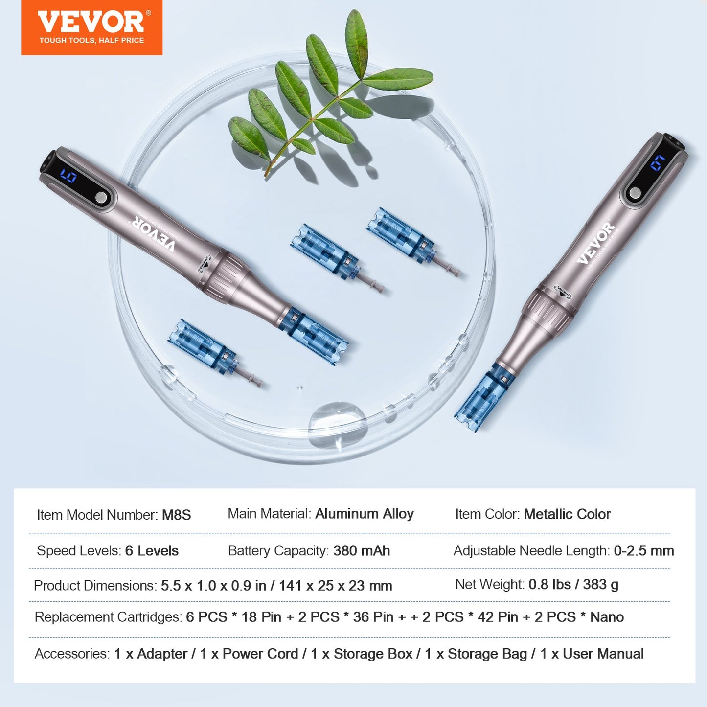 Professional Microneedling Pen M8S, Electric Derma Pen with 12PCS Anti-Backflow Cartridges, 6 Variable Speed Skin Care Beauty Device with LCD Display and 0-2.5mm Adjustable Needle Length