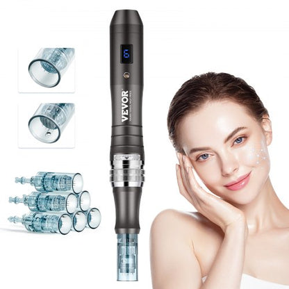 Professional Microneedling Pen, Electric Derma Pen with 3 PCS * 16 Pin + 3 PCS * 36 Pin Disposable Cartridge, 6 Variable Speed Skin Care Beauty Device with LCD Display and 0-2.5mm Adjustable Needle Length