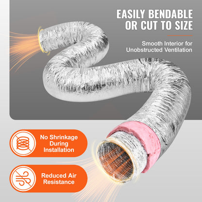 Dryer Vent Hose, 127MM Insulated Flexible Duct 7.62M Long with 2 Duct Clamps, Heavy-Duty Three Layer Protection for HVAC Heating Cooling Ventilation and Exhaust, R-6.0 Flame Resistance Value