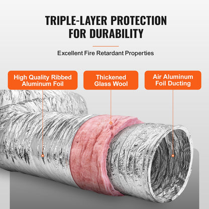 Dryer Vent Hose, 101.6MM Insulated Flexible Duct 7.62M Long with 2 Duct Clamps, Heavy-Duty Three Layer Protection for HVAC Heating Cooling Ventilation and Exhaust, R-6.0 Flame Resistance Value