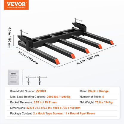 Kläm fast skräpgafflar på 48-tums skopa, kapacitet 2600 lbs Kraftigt kläm fast pallgafflar för skopor, passar för lastskopa, ministyrd traktor för att städa upp nedfallna grenar, skräp eller trädgårdsavfall
