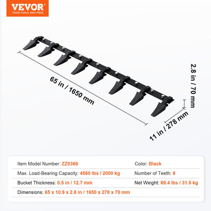 Bucket Tooth Bar, 66'', Heavy Duty Tractor Bucket 8 Teeth Bar for Loader Tractor Skidsteer, 4560 lbs Load-Bearing Capacity Bolt On Design, for Efficient Soil Excavation and Bucket Protection