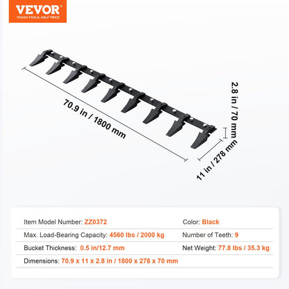 Bucket Tooth Bar, 72'', Heavy Duty Tractor Bucket 9 Teeth Bar for Loader Tractor Skidsteer, 4560 lbs Load-Bearing Capacity Bolt On Design, for Efficient Soil Excavation and Bucket Protection