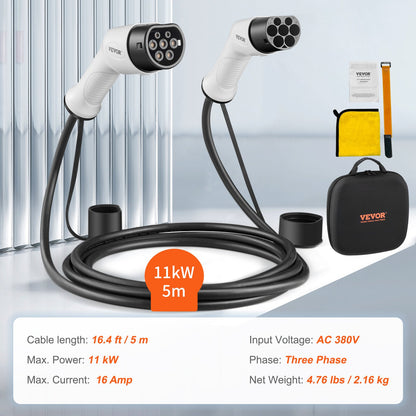 Type 2 to Type 2 EV Charging Cable, 16Amp, 11kW 5 Meters Three Phase Electric Vehicle Car Charging Cable, IP66 Waterproof w Carry Bag, for IEC62196 EV & Plug-in Hybrid Electric Vehicle, CE&TUV