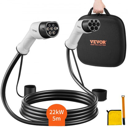 Type 2 to Type 2 EV Charging Cable, 32Amp, 22kW 5 Meters Three Phase Electric Vehicle Car Charging Cable, IP66 Waterproof w Carry Bag, for IEC62196 EV & Plug-in Hybrid Electric Vehicle, CE&TUV