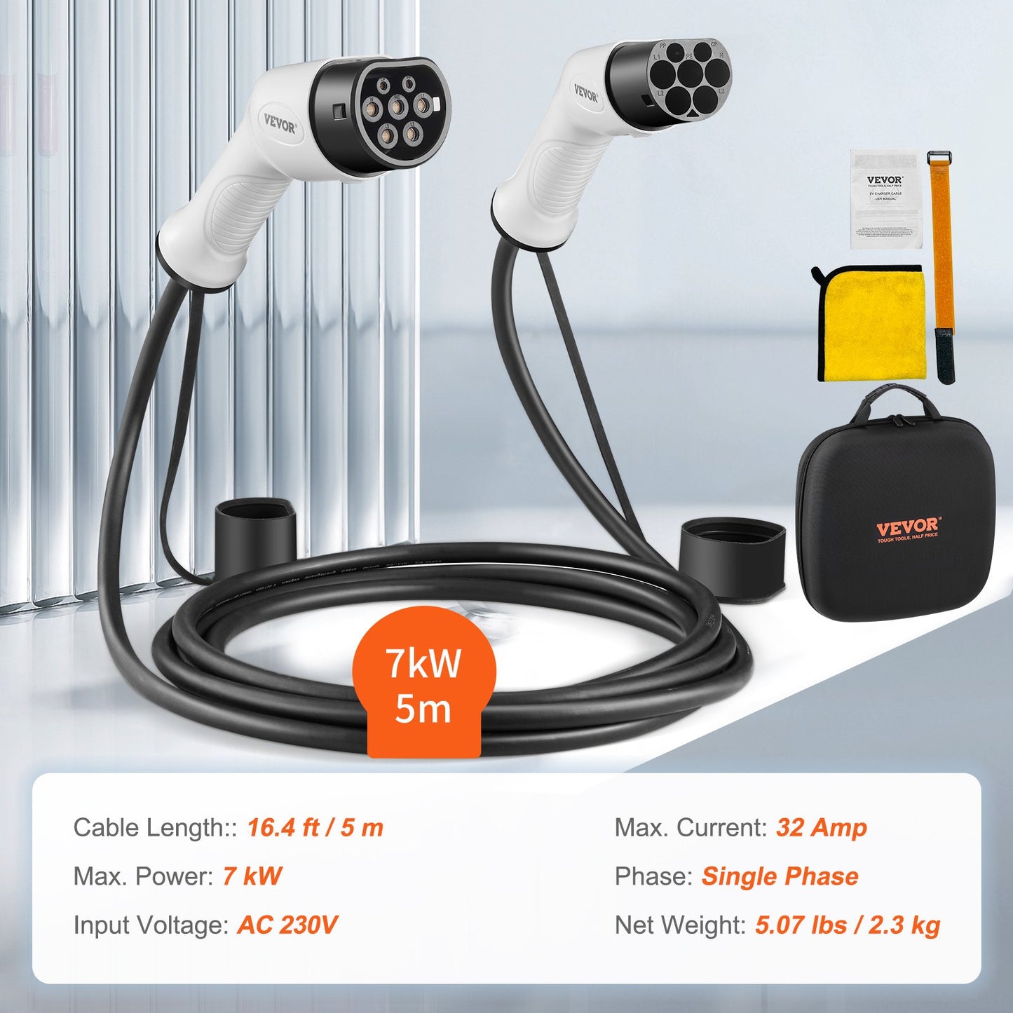 Type 2 to Type 2 EV Charging Cable, 32Amp, 7kW 5 Meters Single Phase Electric Vehicle Car Charging Cable, IP66 Waterproof w Carry Bag, for IEC62196 EV & Plug-in Hybrid Electric Vehicle, CE&TUV