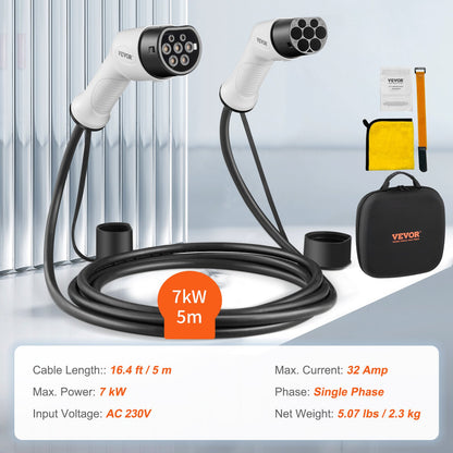 Type 2 to Type 2 EV Charging Cable, 32Amp, 7kW 5 Meters Single Phase Electric Vehicle Car Charging Cable, IP66 Waterproof w Carry Bag, for IEC62196 EV & Plug-in Hybrid Electric Vehicle, CE&TUV