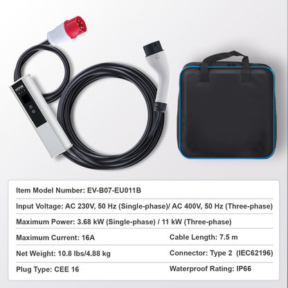 Portable EV Charger Type 2, 16A 3.68 kW/11 kW, Electric Vehicle Car Charger with 7.5 M Charging Cable CEE 16 Plug LCD, IEC 62196 Home EV Charging Station with Carry Bag Charging Cable Hook, IP66