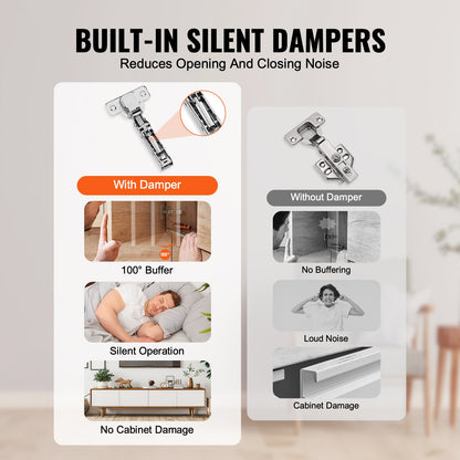 Cabinet Hinges, 50 Packs Full Overlay Kitchen Cabinet Door Hinges, 100 Degree Opening Angel Soft Close Concealed Cupboard Hinges for Framed + Frameless Cabinet Type, with Mounting Screws