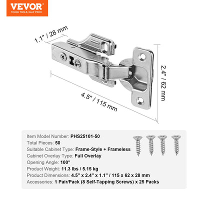 Cabinet Hinges, 50 Packs Full Overlay Kitchen Cabinet Door Hinges, 100 Degree Opening Angel Soft Close Concealed Cupboard Hinges for Framed + Frameless Cabinet Type, with Mounting Screws