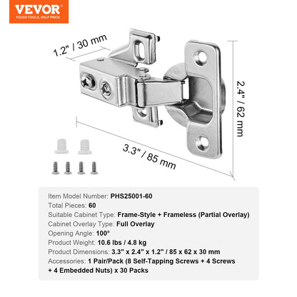 Cabinet Hinges, 60 Packs Partial Overlay Kitchen Cabinet Door Hinges, 100 Degree Opening Angel Soft Close Concealed Cupboard Hinges for Framed + Frameless Cabinet Type, with Mounting Screws