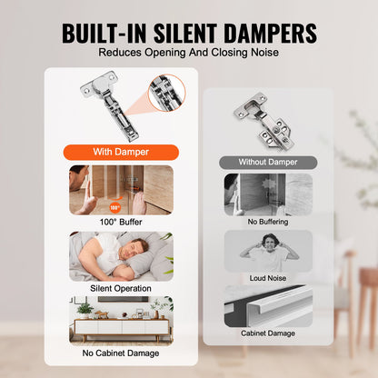 Cabinet Hinges, 60 Packs Full Overlay Kitchen Cabinet Door Hinges, 100 Degree Opening Angel Soft Close Concealed Cupboard Hinges for Frameless Cabinet Type, with Mounting Screws